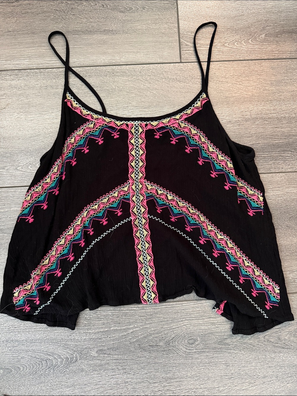Charlotte Russe Black Spaghetti Strap Camisole with Pink & Teal Embroidery